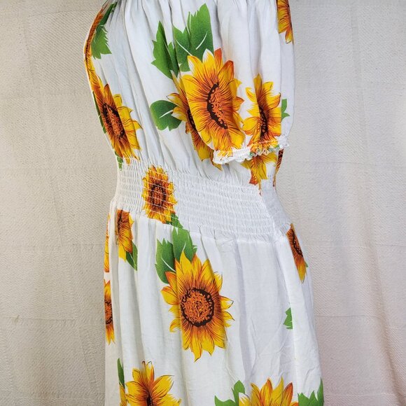 Ace White Yellow Orange Green Sunflowers Smocked Waist Drop Shoulder Maxi Sz 1X - Picture 4 of 16